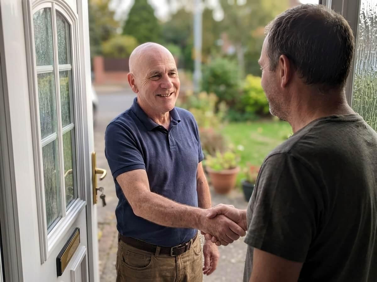 Philip greeting a customer at the door